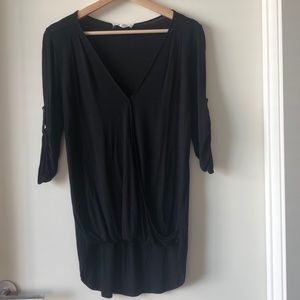 Black loose cotton top - high-low fit, cross front